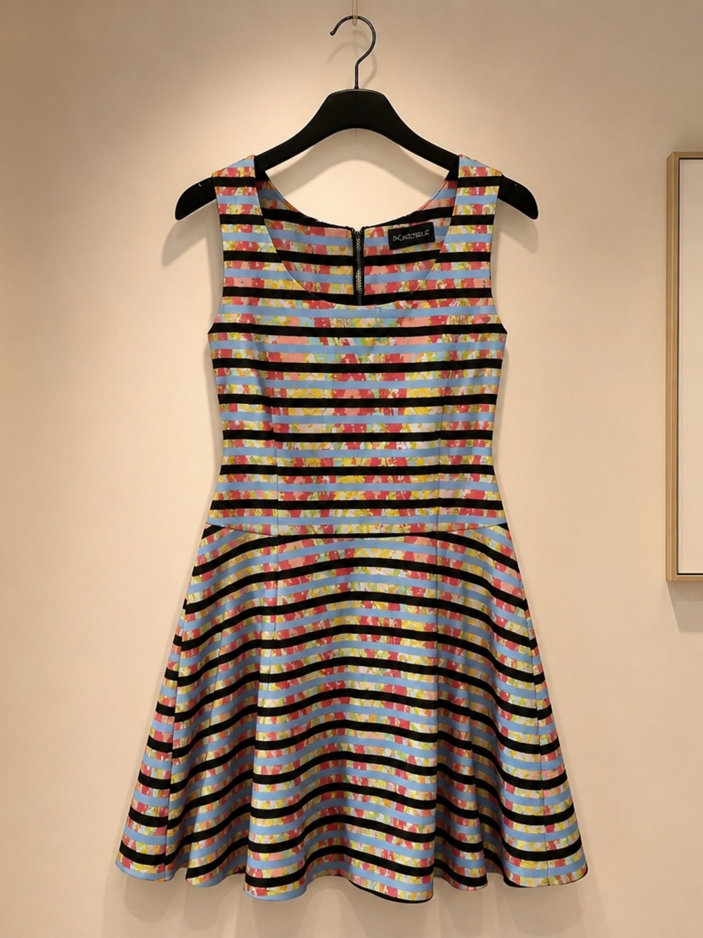 My Michelle Multicolor Stripe Fit-and-Flare Dress in Black, Pink, Blue & Yellow
